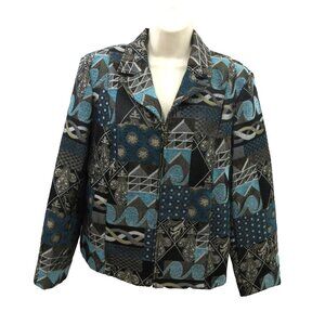 Dressbarn Women's Jacket Blazer Sz Large Teal Brown Patchwork Jacquard Full Zip